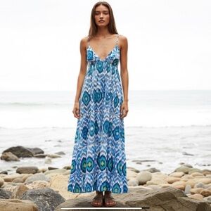 Ro's Garden Florida Maxi Dress Blue IKAT Tiered Cotton Size Small